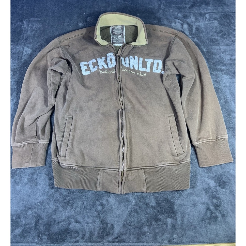 Y2K Ecko Unltd Full Zip Brown Embroidered Sweater Men's Size Large Marc Ecko